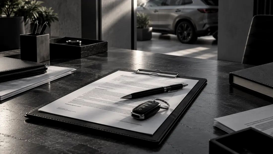 Uma prancheta com um documento, uma caneta e a chave de um carro sobre a mesa; o veículo aparece ao fundo.